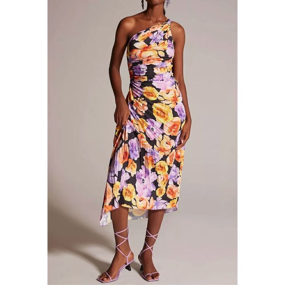 Anthropologie Geisha Designs Asymmetrical Hem Floral Midi Dress Women's XS